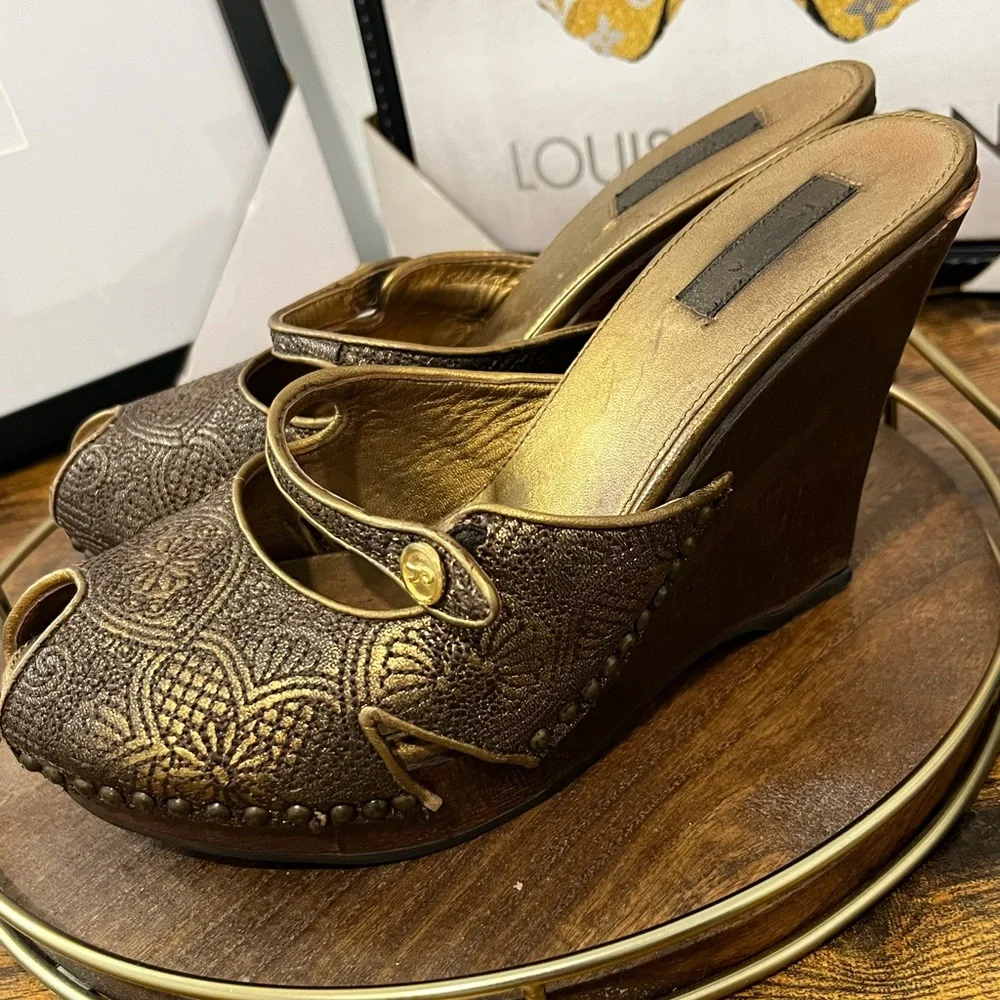 Prada Vintage Gold & Brown Wedge Shoes - Picture 5 of 7